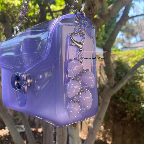 Hand Crafted Handbags - Lilac Lavender Baby Purple Jelly Pearl Heart Strawberry Cluster Bag Charm SILVER